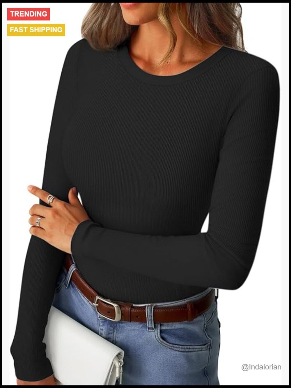 Ribbed Long Sleeve Crew Neck T-Shirt Tight Fitted Basic Tee